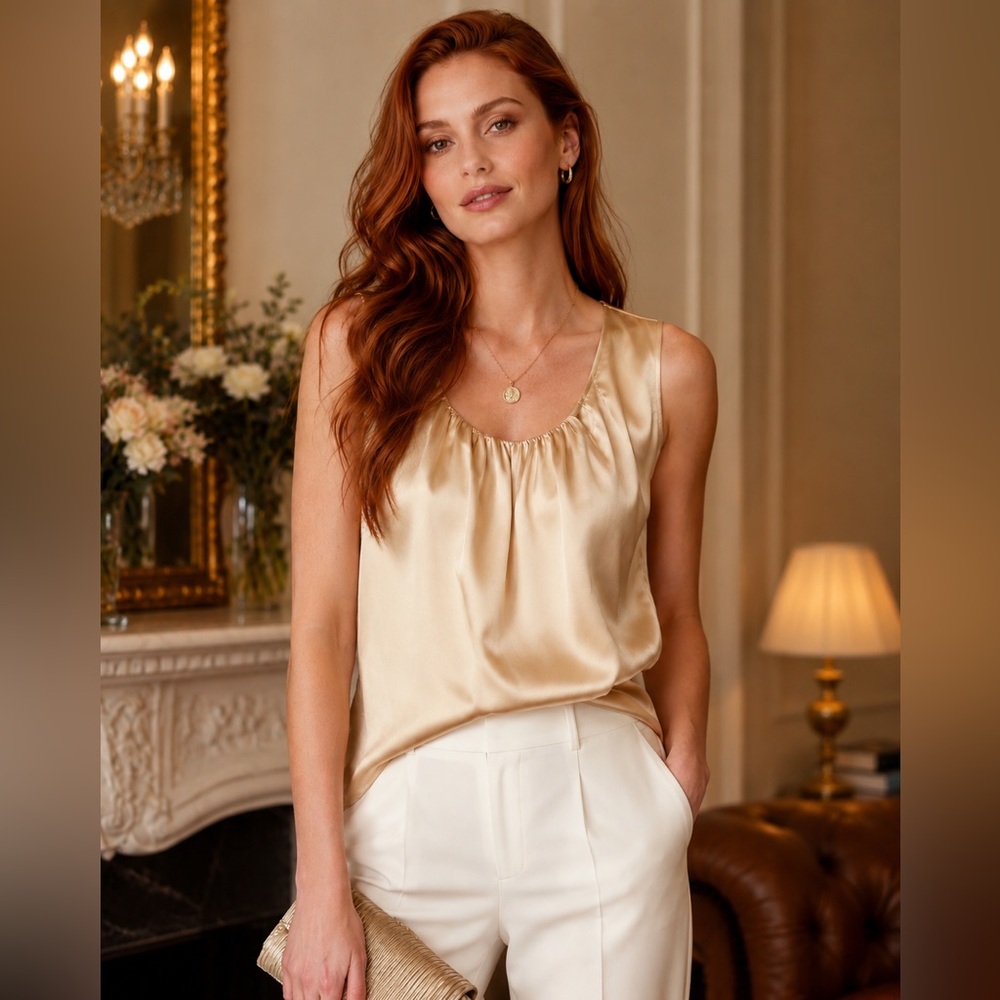 NWT Chico’s Silky Splendor Champagne Satin Sleeveless Blouse Size 2